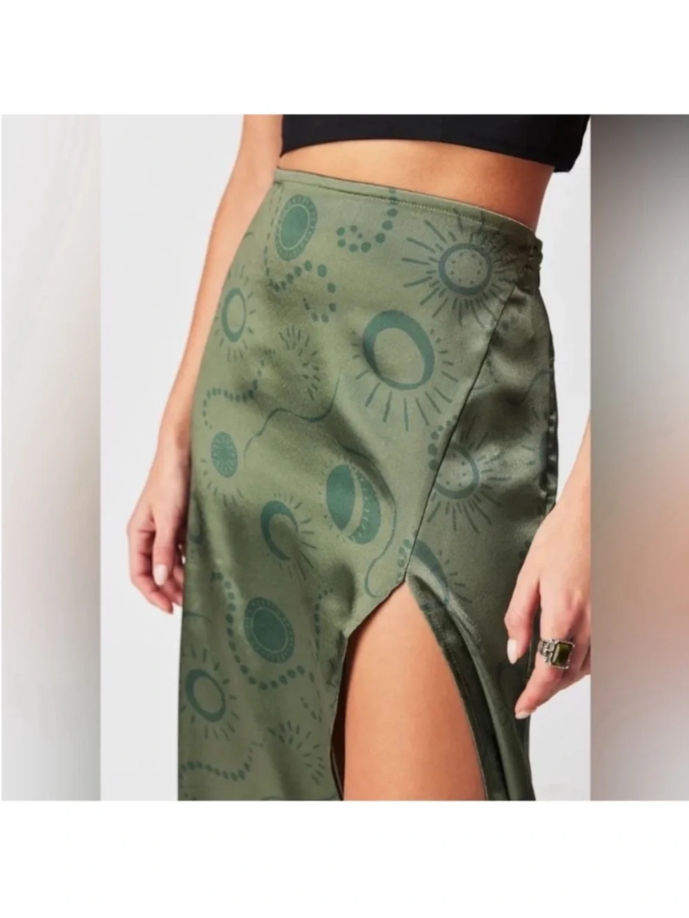 Free People 12 Skirt Serena Slim Maxi celestial green olive combo satin slit